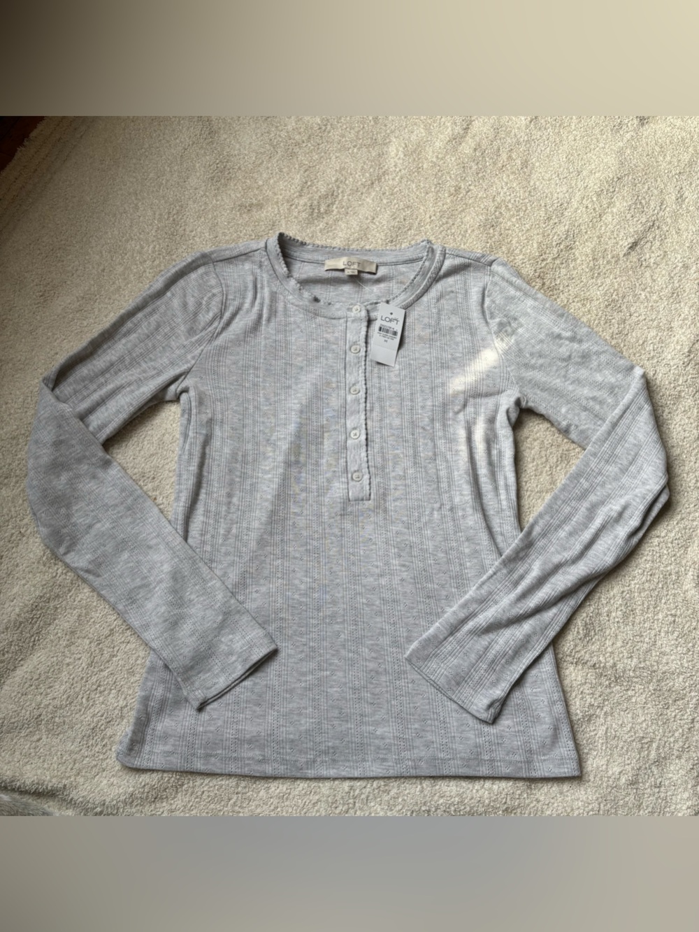Loft Grey Pointelle Knit Henley Long Sleeve Top Size M NWT